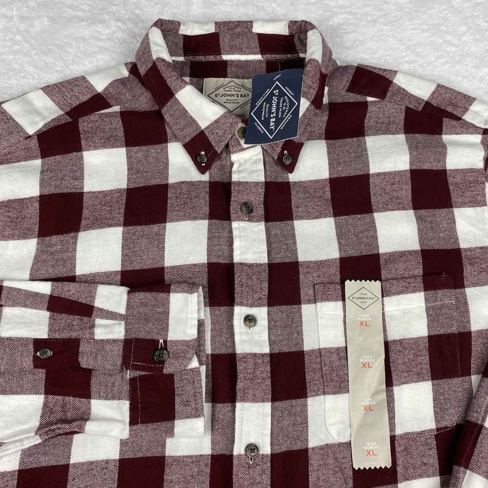 St. John's Bay Shirt Men's XL Maroon/White Block Checks Regular Super Soft NWT!